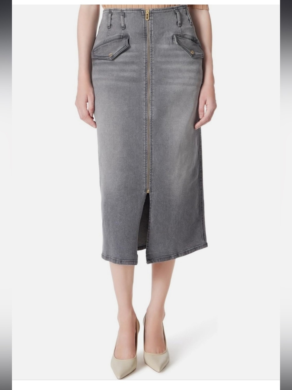 High-Rise Grey Denim Midi Skirt with Front Zip and Slit Size 14